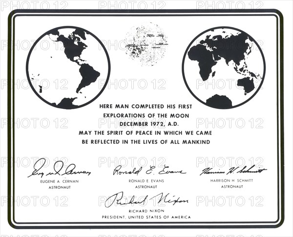 Replica of the plaque left on the Moon by Apollo 17 astronauts, 1972.  Creator: NASA.