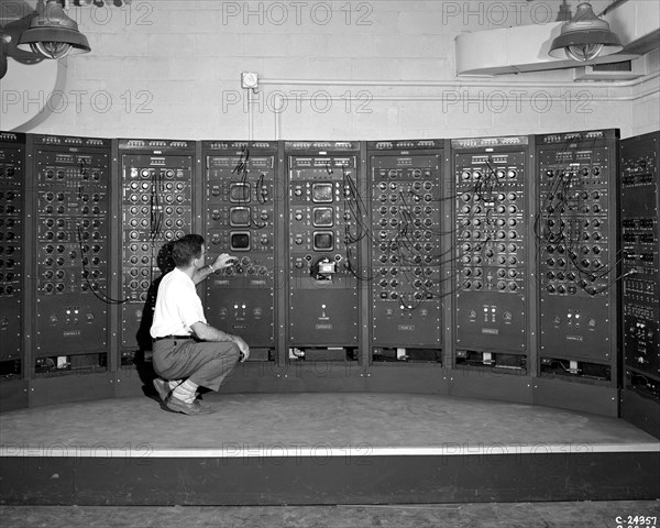 Analog Computing Machine in Fuel Systems Building, Cleveland, Ohio, USA, 1949.  Creator: NASA.