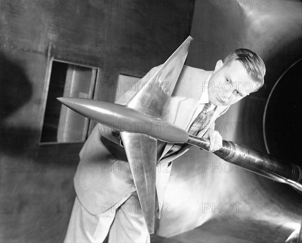 Richard Whitcomb with Area Rule Wind Tunnel Model, USA, April 20, 1955. Creator: Unknown.