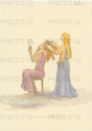 A medieval lady in waiting, brushing the hair of a lady, 2004. Creator: Judith Dobie.