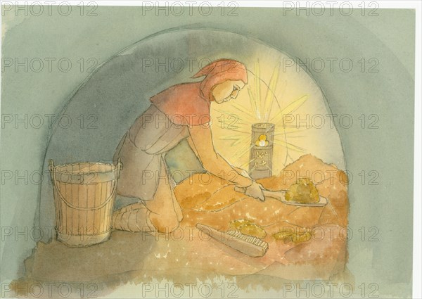 A medieval gongfermour, or gong farmer, at work, 2004. Creator: Judith Dobie.