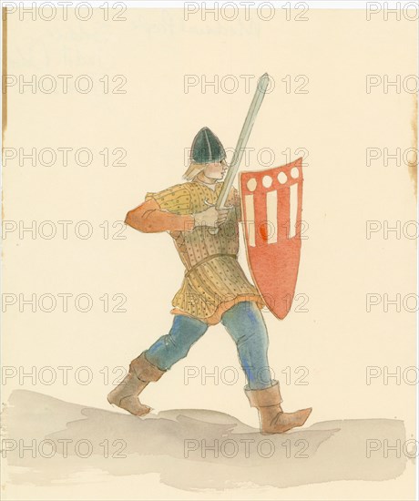 A medieval soldier carrying a long sword in his right hand and a shield in his left, 2004. Creator: Judith Dobie.