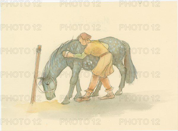 A medieval groom brushing a horse, 2004. Creator: Judith Dobie.