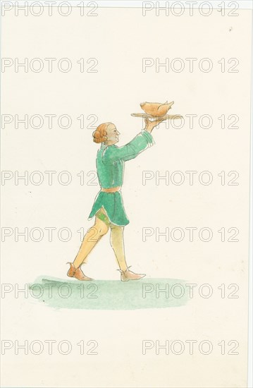 A medieval waiter, carrying a platter of food, 2004. Creator: Judith Dobie.