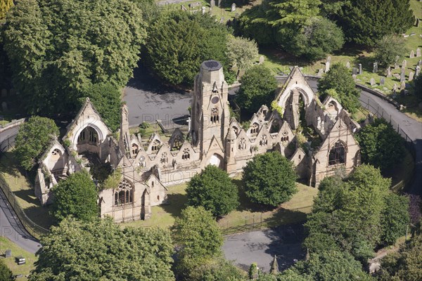 Derelict cemetery chapel at Flaybrick Memorial Gardens, Birkenhead, Wirral, 2015. Creator: Historic England.