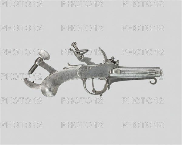 Flintlock Alarm-Trap Pistol, France, c. 1800. Creator: Unknown.
