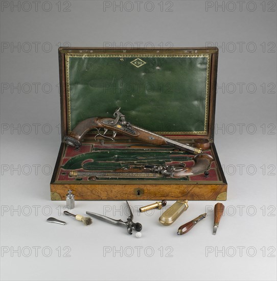 Cased Pair of Percussion Pistols with Accessories, France, 1814. Creator: Jean Le Page.