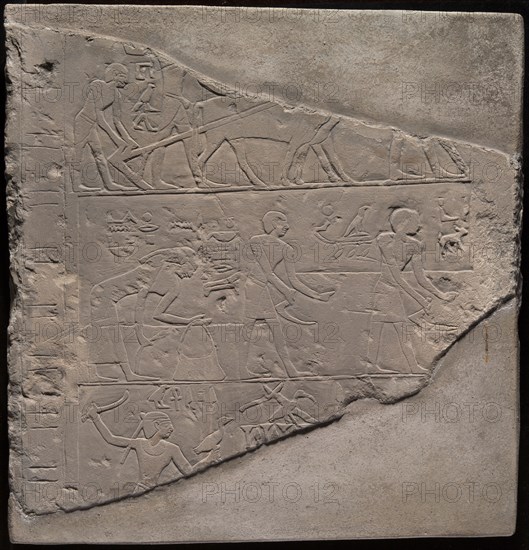 Fragment of a Stela Depicting Plowing, Harvesting, and Fowling, Egypt, First Intermediate Period... Creator: Unknown.