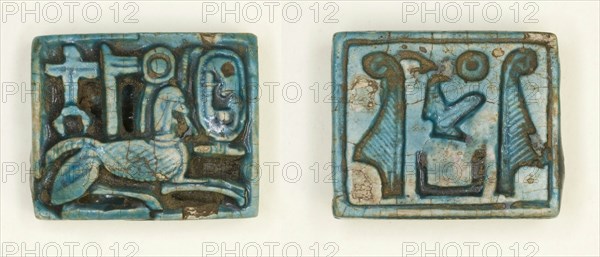 Plaque: Sphinx with Cartouche/Maatkare Flanked by Feathers, Egypt, New Kingdom, Dynasty 18... Creator: Unknown.