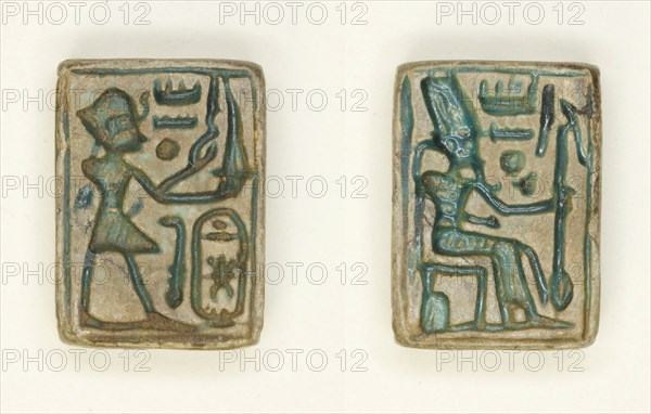 Plaque: Amenhotep II Offers Incense/Amun-Re Seated on Throne, Egypt, New Kingdom, Dynasty... Creator: Unknown.