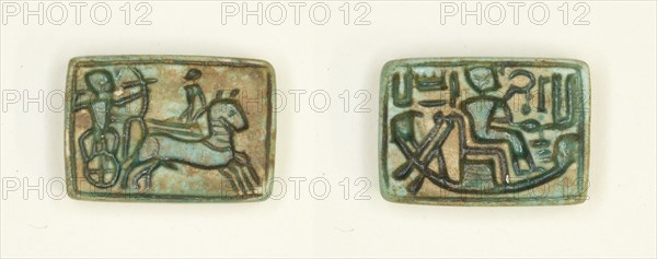 Plaque: King in Chariot Shoots Enemy/King Seated in the Barque of Amun, Egypt, New Kingdom... Creator: Unknown.