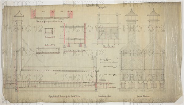 J.M. Brunswick and Balke Company Lumber Dryer, Chicago, Illinois, Elevation and Section, c. 1883. Creator: Adler & Sullivan.