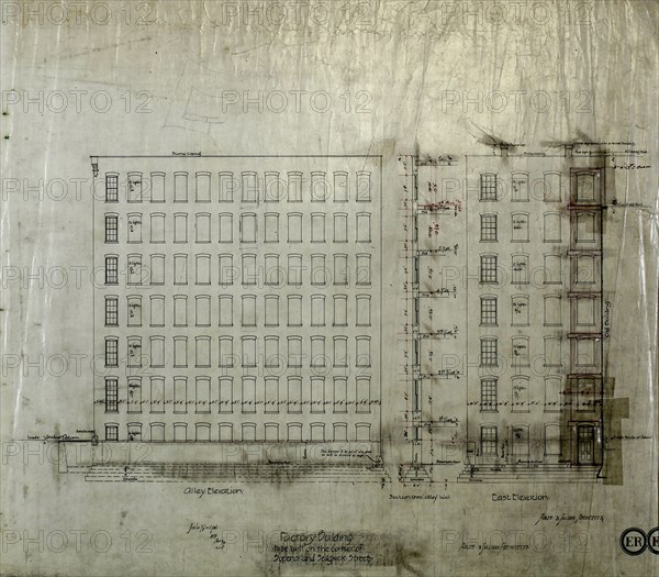 Brunswick Balke Collender Company Factory Building, Chicago, Illinois, Elevation and Section, 1891. Creator: Adler & Sullivan.