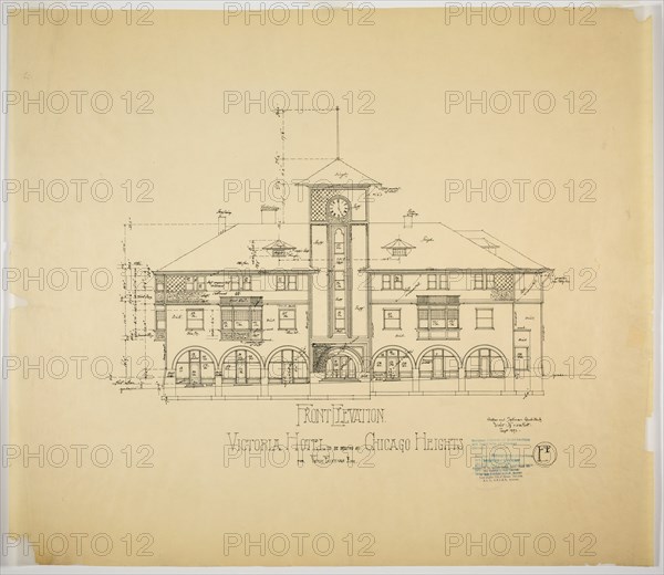 Victoria Hotel, Chicago Heights, Illinois, Front Elevation, 1892. Creator: Adler & Sullivan.