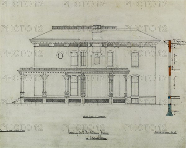 Joseph H. Lathrop House Addition, Elmhurst, Illinois, Elevation and Section, c. 1870. Creator: Bauer & Loebnitz.