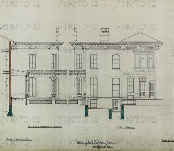 Joseph H. Lathrop House Addition, Elmhurst, Illinois, Elevations and Section, c. 1870. Creator: Bauer & Loebnitz.