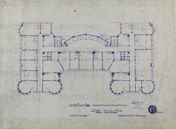 Women's Temple Building, Chicago, Illinois, Ninth Floor Plan, July 23, 1891. Creator: Burnham and Root.