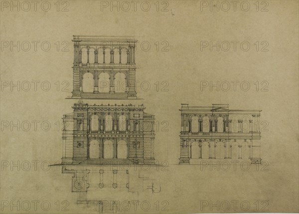 Design Projects, Building Elevation Studies and Plan, c. 1860-1870. Creator: Carl J Furst.