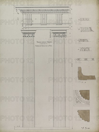 Orders of Architecture, Roman Doric Order from Baths of Diocletian, Rome, Elevation, April 1, 1870. Creator: Carl J Furst.