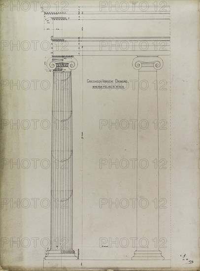 Orders of Architecture, Greek Ionic Order from the Temple of Minerva Polias, Elevation, 1870. Creator: Carl J Furst.