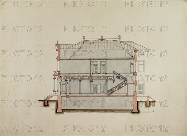 Design Studies, Section Through House, Presentation, c. 1860-1870. Creator: Carl J Furst.