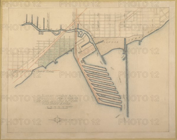 Plate 72 from The Plan of Chicago, 1909: Chicago. Sketch Diagram of Docks Suggested at the Mouth... Creator: Daniel Burnham.