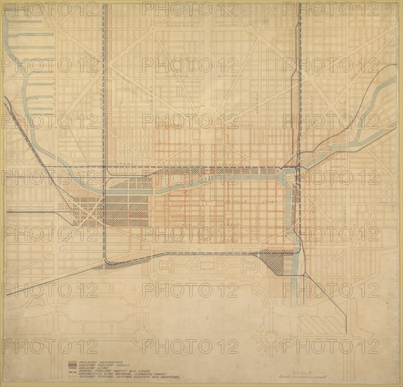 Plate 74 from The Plan of Chicago,1909: Chicago. Diagram of the City Center, Showing the General... Creator: Daniel Burnham.