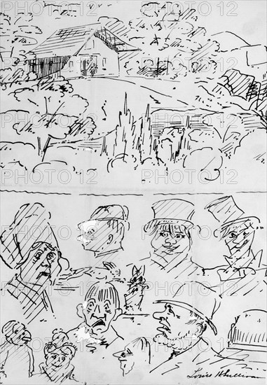 Landscape with Building (top) and Caricature Head Studies (bottom), 1874. Creator: Louis Sullivan.
