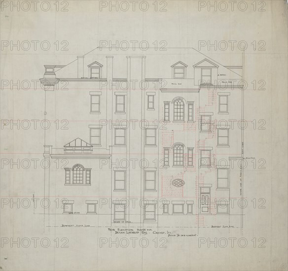 Bryan Lathrop House, Chicago, Illinois, Rear Elevation, c. 1892. Creator: McKim, Mead and White.