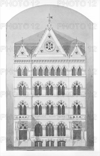 National Park Bank, New York City, New York, Competition Design Drawing, c. 1866. Creator: Peter Bonnett Wight.