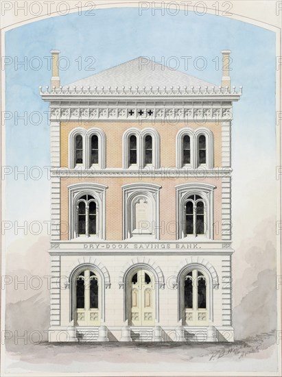Dry Dock Savings Bank, New York City, New York, Competition Design Drawing, 1858. Creator: Peter Bonnett Wight.