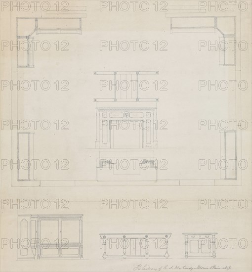 Library for R.A. McCurdy, Morris Plaines, New Jersey, Elevations of Mantel and Furniture, c. 1869. Creator: Peter Bonnett Wight.