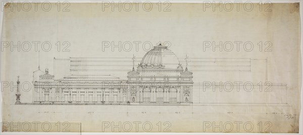 Lakefront Exhibition Hall, Chicago, Illinois, Elevation, 1888. Creator: Peter Joseph Weber.