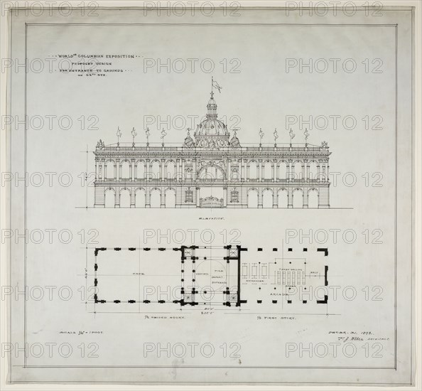 World's Colombian Exposition 64th Street Entrance, Chicago, Illinois, Plan and Elevation, 1892. Creator: Peter Joseph Weber.
