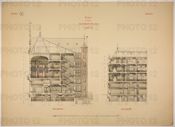 Rathskeller Neubau, Halle (Saale), Saxony-Anhalt, Germany, Two Sections, c. 1887. Creator: Peter Joseph Weber.