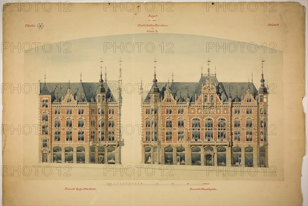 Rathskeller Neubau, Halle (Saale), Saxony-Anhalt, Germany, Elevations, c. 1887. Creator: Peter Joseph Weber.