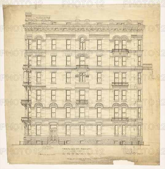 Ontario Apartments, Chicago, Illinois, Elevation, 1880. Creator: Treat & Foltz.