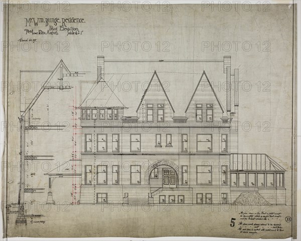 William Bunge House, Chicago, Illinois, Front Elevation, 1889/90. Creator: Treat & Foltz.