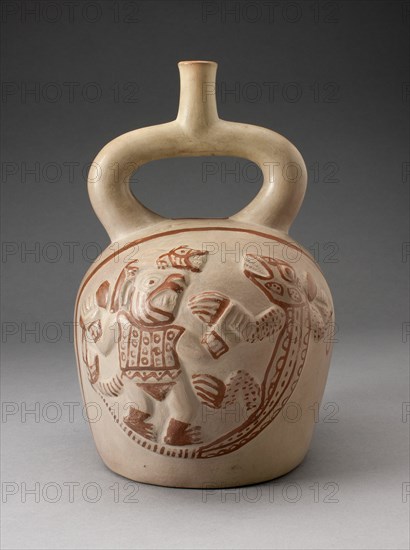 Stirrup Spout Vessel with Raised Mythic Battle Motifs, 100 B.C./A.D. 500. Creator: Unknown.