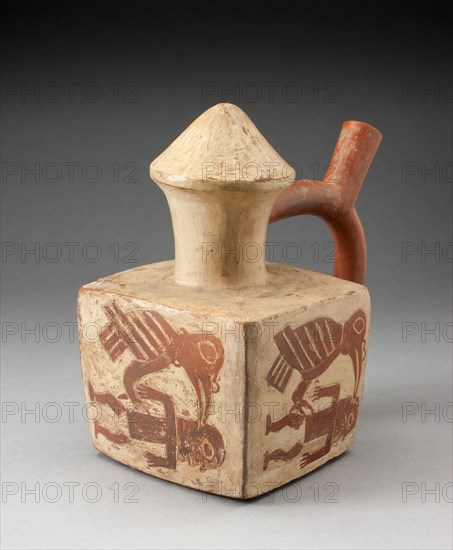 Square Handle Spout Vessel with Image of a Man Attacked by a Bird, 100 B.C./A.D. 500. Creator: Unknown.