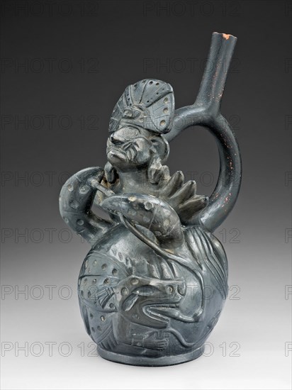 Blackware Vessel in the Form of a Figure Fishing, Possibly Ai-Apec, with a Crab, 100 B.C./A.D. 500. Creator: Unknown.