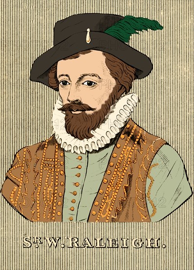 'Sir W. Raleigh', (c1552-1618), 1830. Sir Walter Raleigh (c1552-1618) English gentleman, writer, poet, soldier, politician, Elizabethan courtier, spy and explorer instrumental in colonisation of North America. He popularised tobacco and was executed in 1618 for violating the 1604 peace treaty with Spain. From "Biographical Illustrations", by Alfred Howard. [Thomas Tegg, R. Griffin and Co., J. Cumming, London, Glasgow and Dublin, 1830]. (Colorised black and white print).