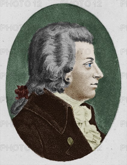 'Mozart.', 1895. Wolfgang Amadeus Mozart (1756-1791), German classical composer. From "The Musical Educator, Volume II" by John Greig, M.A., Mus. Doc. [T. C. & E. C. Jack, Edinburgh, 1895.]. (Colorised black and white print).