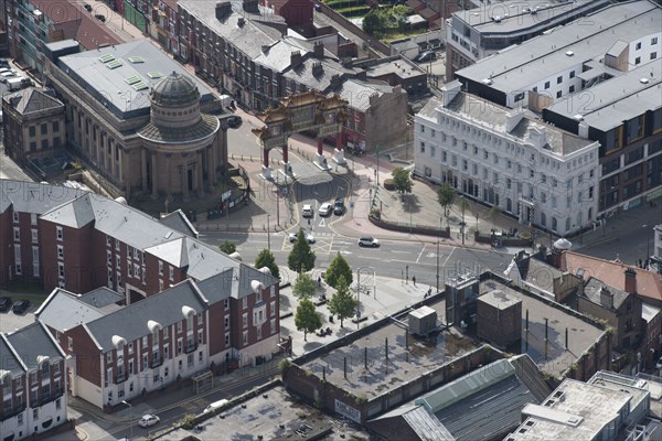 Chinese Arch, gateway to Chinatown, and former Congregational Church, Liverpool, 2015. Creator: Historic England.