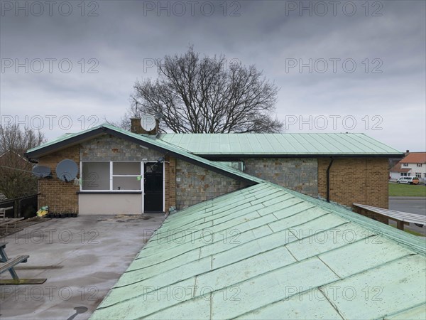 The Winged Horse public house, Luncies Road, Barstable, Basildon, Essex, 2016. General view looking north along the public house's green copper roof towards the first-floor flat, 2016.