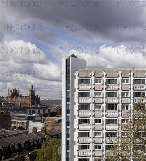 Stelfox House, Weston Rise Estate, Penton Rise, Pentonville, Islington, London, 2016. General view of the south end of the estate's south block, Stelfox House, showing its upper storeys from the south-east, with St Pancras Railway Station in the background.