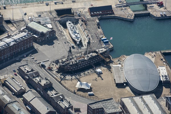 HMS Victory, HMS M33 and the Mary Rose Ship Hall, Portsmouth Historic Dockyard, 2018. Creator: Historic England.