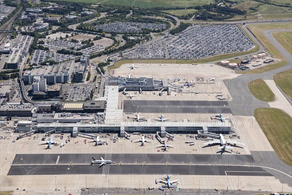 Aeroplanes at Terminals One and Two at Birmingham International Airport, West Midlands, 2018.