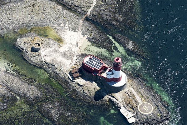 Longstone Lighthouse and Keeper's Cottage, famous for its association with Grace Darling, daughter of the keeper who with her father rescued five people from the wreck of the 'Forfarshire' in 1838. Farne Islands, Northumberland, 2018.