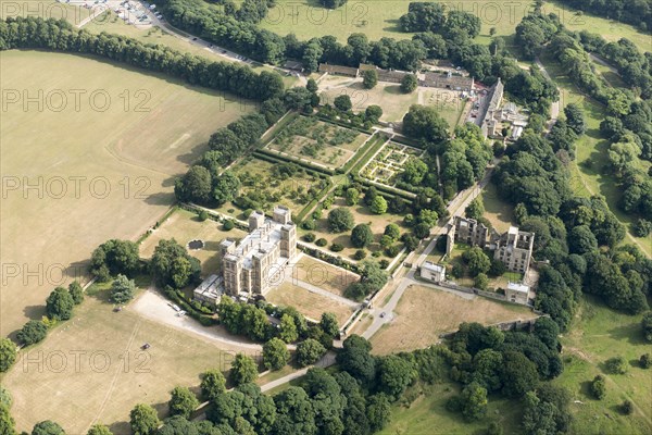 Hardwick Hall, formal garden and the ruins of Hardwick Old Hall, near Mansfield, Derbyshire, 2018 .